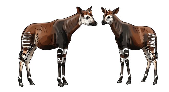 Two Okapis standing side by side, one facing left and the other facing slightly right, against a white background.