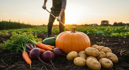 Autumn harvest of fresh raw carrot, beetroot, pumpkin and potato on soil ground in garden. Farmer with shovel harvesting organic eco bio fall vegetables