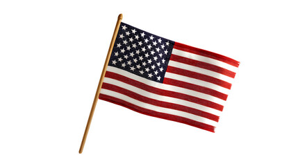 A small american flag with a wooden pole waving against a stark black background in a studio setting