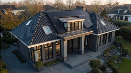 Elegant Modern Suburban House with Integrated Rooftop Solar Panels