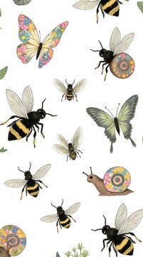 Whimsical Insect and Snail Pattern on White
