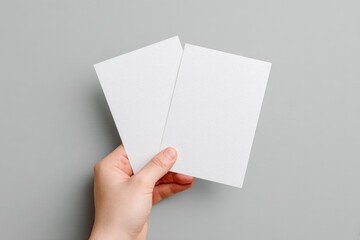 Fototapeta premium A hand holds two blank, white, rectangular cards against a gray background. The cards are slightly overlapping