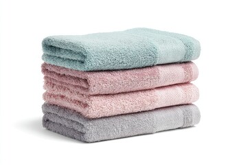 A neat stack of four soft, fluffy bath towels in pastel shades of blue, pink, and grey, showcasing a subtle texture and neatly folded edges against a clean white background