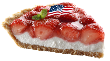 A slice of strawberry pie with a graham cracker crust and american flags on top against black background