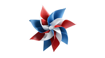 Close up of a red white and blue pinwheel with a white center on a black isolated background