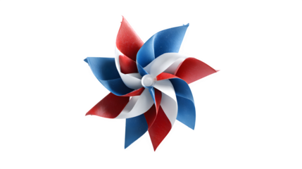 Close up of a red white and blue pinwheel with a white center on a black isolated background