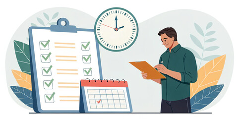 Artistic Arrangement of Checklist, Calendar and Clock Representing Daily Productivity