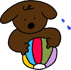 땀 흘리며 공놀이를 하는 갈색 강아지 일러스트