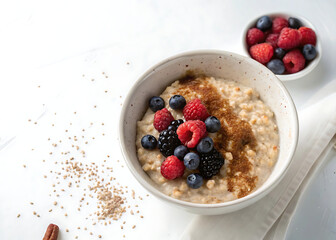 Oatmeal served in a minimalist Scandinavian style on a clean white background. For blogs about proper nutrition