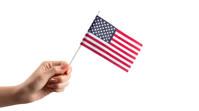 Hand holding a small american flag with red and white stripes on a black background in a studio shot