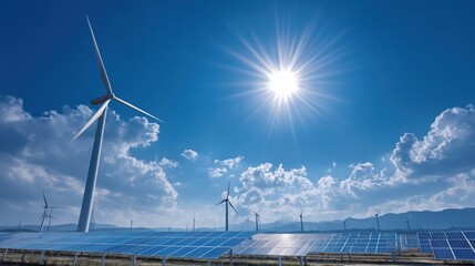 Bright Sun Over Wind Turbines and Solar Panels - Combined Renewable Energy