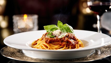 Steaming spaghetti with rich meat sauce, topped with basil and parmesan, served on a white plate atop a metallic charger, candle and wine glass in the background