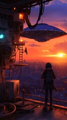 Fototapeta premium A futuristic scene with a figure watching a sunset and a hovering spaceship. AI-generated.