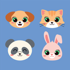 Fototapeta premium Cute Cartoon Kawaii Animal Faces Puppy Kitten Panda and Bunny. Vector