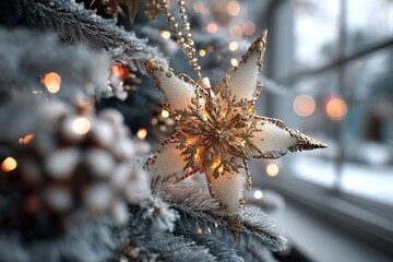 An ornamental golden star on a snow-covered Christmas tree with glittering lights. Generative Ai
