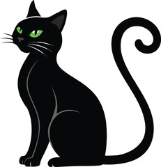 Elegant black cat sitting with curled tail
