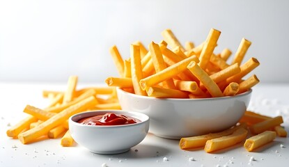 Crispy golden French fries in a bowl, accompanied by a small white bowl of ketchup, on a clean white backdrop.