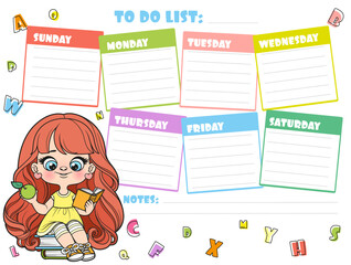 To do list for writing plans for the week with a cute cartoon schoolgirl in yellow dress with textbooks and green apple