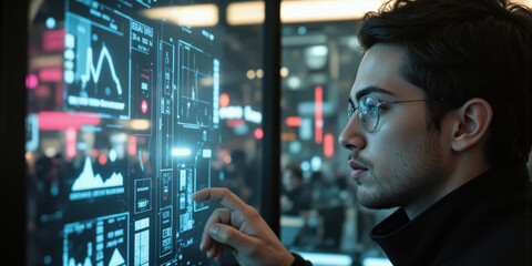 Interactive Vision of Market Revolution A close-up of a visionary entrepreneur engaging with a transparent touchscreen layered with futuristic graphs
