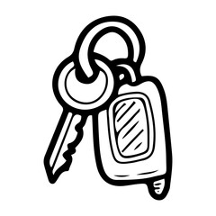 Car key fob. Hand drawn doodle vector. Electronic device for remote control of vehicle. Opening and closing auto doors. Device for starting engine. Illustration line art element.