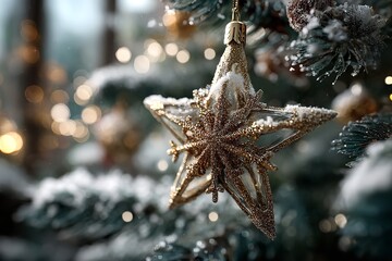 An ornamental golden star on a snow-covered Christmas tree with glittering lights. Generative Ai