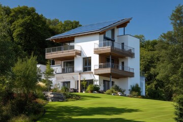 Multi-Level Modern House with Solar Panels and Balconies in Lush Landscape