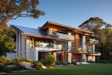 Impressive Modern House with Extensive Solar Panels and Balconies in Nature Setting