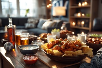 Delectable super bowl munchies for a game day celebration, accompanied by wings, nachos, and drinks. Generative Ai