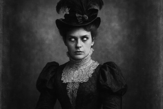 Eerie monochrome vintage portrait of a woman in Victorian attire with disturbing blank white eyes. Gothic, unsettling, horror atmosphere. Dark and mysterious. - Powered by Adobe