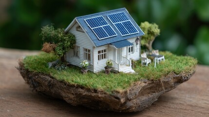 Miniature Eco-Friendly House Diorama with Solar Panels on Floating Island