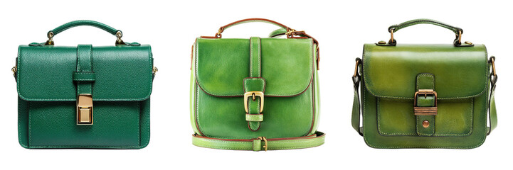 Set of green color leather shoulder bag isolated on a transparent background