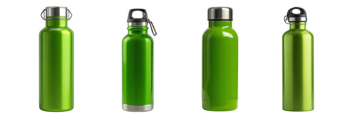 Set of green colour stainless steel bottle isolated on a transparent background