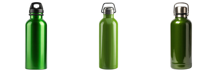 Set of green colour stainless steel bottle isolated on a transparent background
