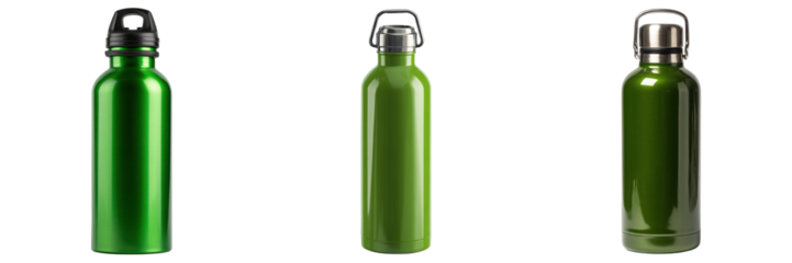 Set of green colour stainless steel bottle isolated on a transparent background