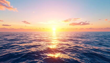 A breathtaking sunrise over the open ocean, golden sunlight reflecting on calm waves
