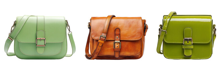 Set of green, brown and light green color leather shoulder bag isolated on a transparent background