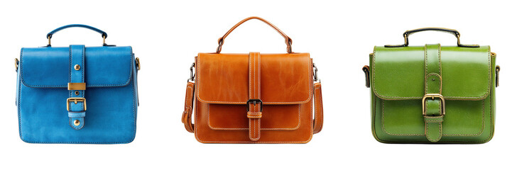 Set of green, brown and blue color leather shoulder bag isolated on a transparent background