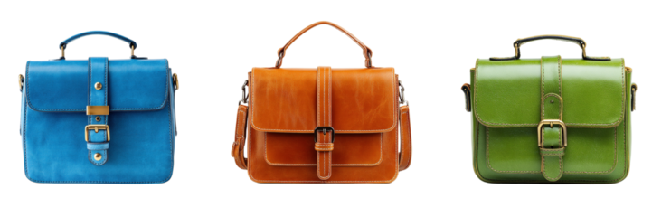 Set of green, brown and blue color leather shoulder bag isolated on a transparent background