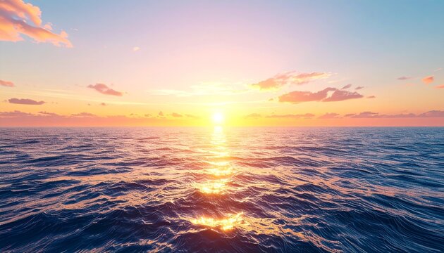 A breathtaking sunrise over the open ocean, golden sunlight reflecting on calm waves