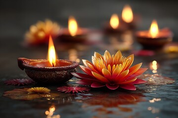 India celebrates Diwali, the festival of fire, as a holiday. Oil lights for diyas and lotus flowers. Generative Ai