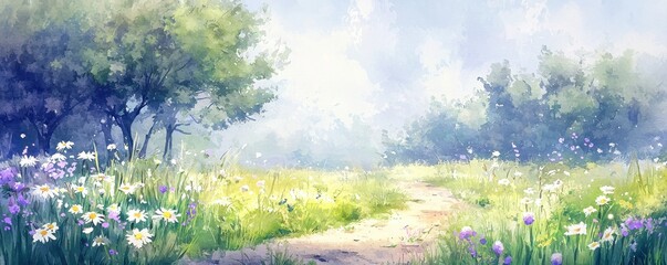 A serene watercolor landscape depicting a sunny meadow with blooming wildflowers and lush trees under a bright sky.