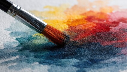 Fototapeta premium Close-up of a paintbrush applying vibrant watercolor washes in warm and cool tones on textured paper