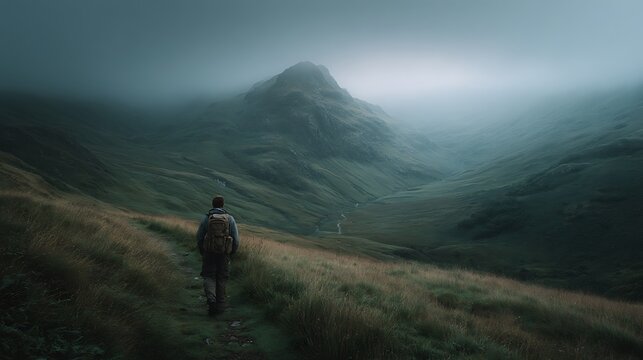 Hiker walking misty valley