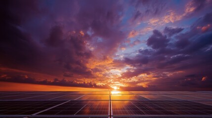Solar Panels Reflecting Vibrant Sunset Sky - Renewable Energy at Dusk