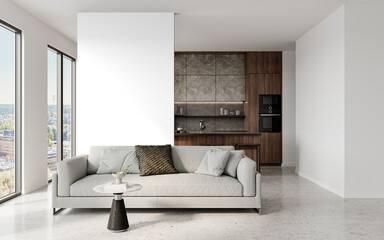 Luxury modern living room with soft beige sofa and black wall – Transparent Wall Mockup with Realistic Shadows – 3D render