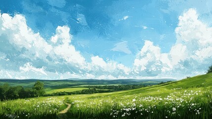 Fototapeta premium A bright, scenic landscape featuring a vast green field with wildflowers, rolling hills, and a vibrant blue sky dotted with fluffy white clouds.