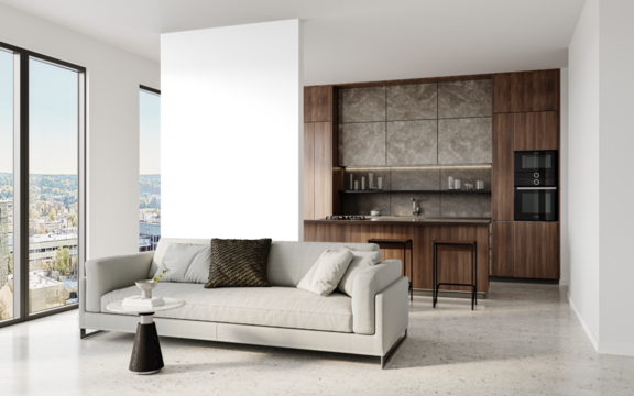 Wide view of modern kitchen and sofa layout with black wall– Transparent Wall Mockup with Realistic Shadows – 3D render