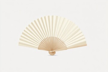 A creamy off-white hand fan with light brown wooden sticks and a simple, elegant design, slightly open, isolated on a light gray background