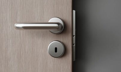 Modern door handle and lock on wooden door revealing sleek design