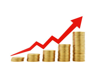 Gold coins stack with arrow representing financial growth concept on transparent background